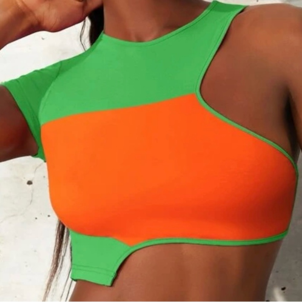 Green and Orange Asymmetrical Women's Top